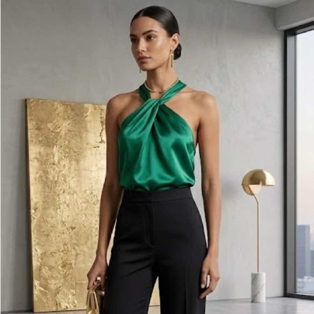 Ellison Emerald Green Satin Halter Neck Blouse Medium